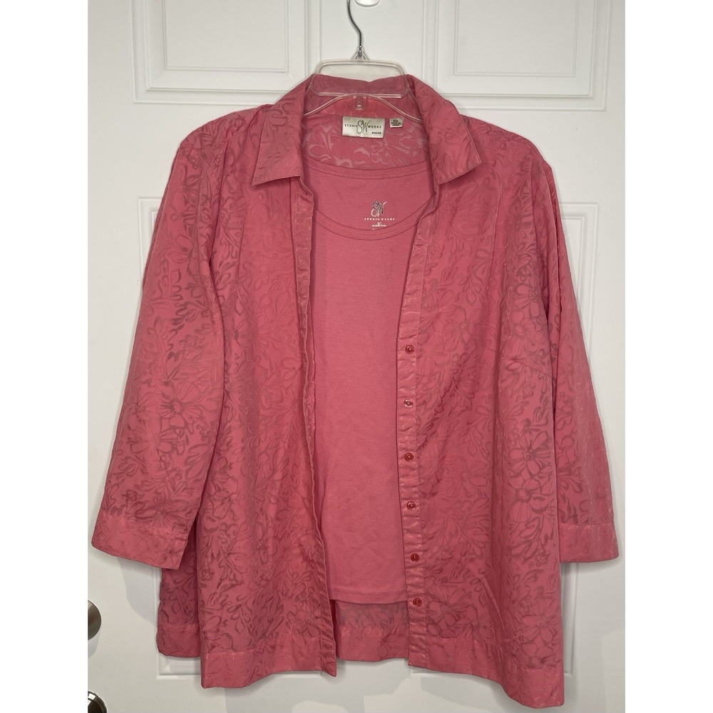 Studio Works Woman Plus 2X Pink Top Set Button Up Sheer Floral 3/4 Sleeve & Tank